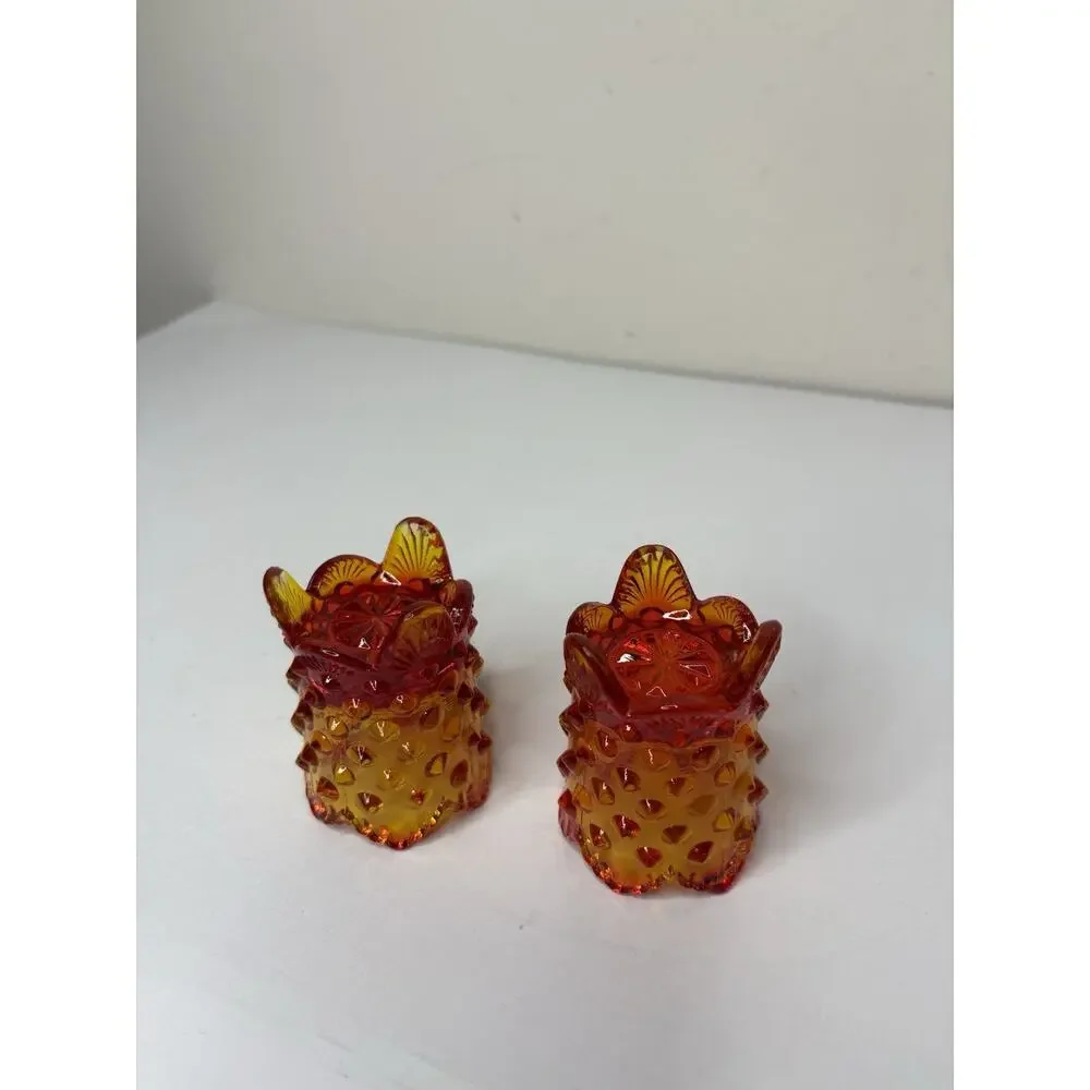 Vintage Fenton Orange Red Amberina Hobnail Footed Toothpick Holder Set of 2